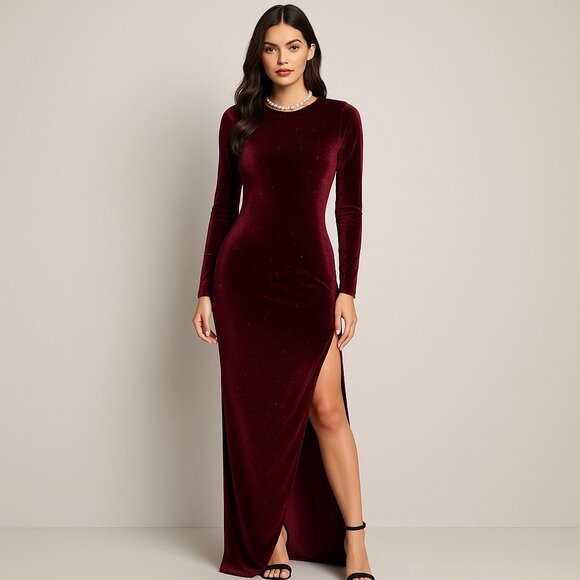 PrettyLittleThing Burgundy Velvet Maxi Dress – Size 8UK (US 4 / EU 34) - Picture 1 of 6